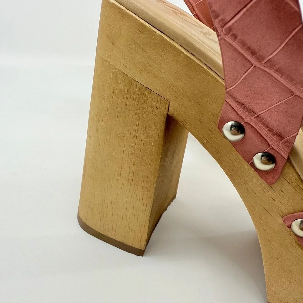 NEW Sam Edelman ROSALIND Platform Sandals WOOD Block Heel Ankle Leather 9.5 PINK